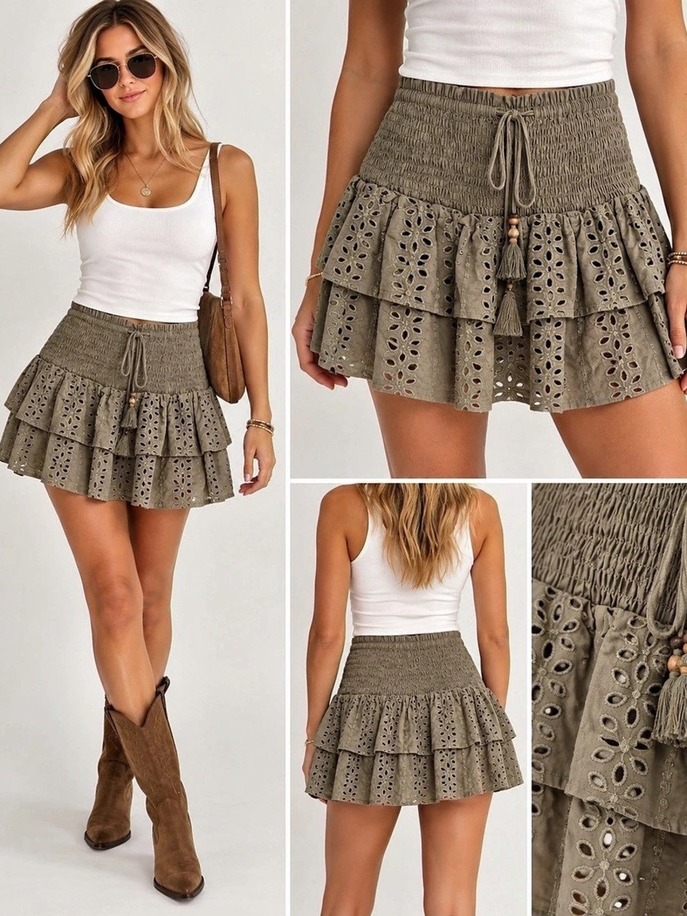 ZARA Army Olive Green Eyelet Embroidered Smocked Ruffle Mini Skirt XS Like New